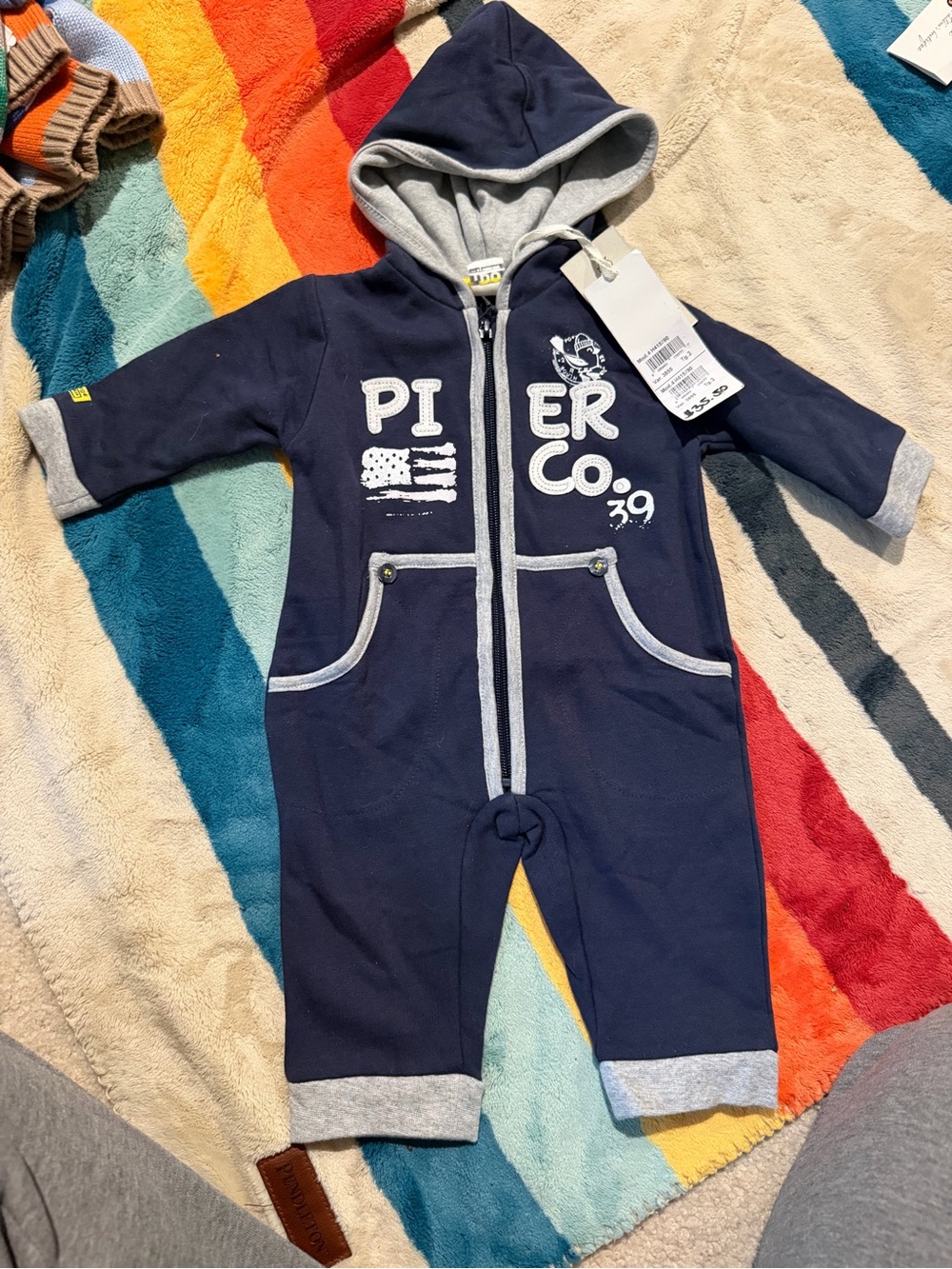 NWT IDO Baby Romper 18-24M Navy Pier Co 39 Hooded Zip One Piece Italian